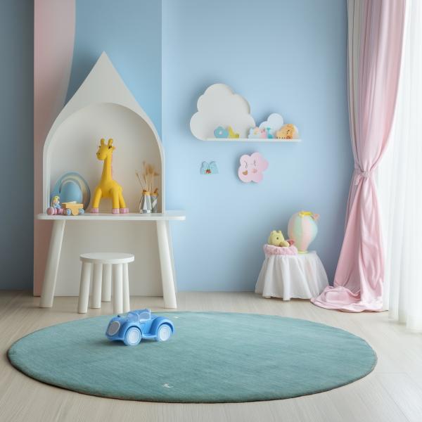 Bright children's room with a round light blue rug, pastel-coloured walls in pink and light blue.